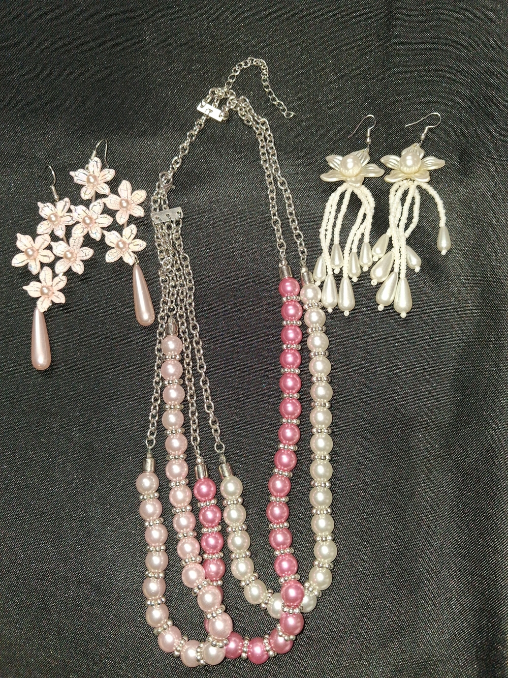Triple-Strand Pink and White Pearl Necklace with Floral Drop Earrings
